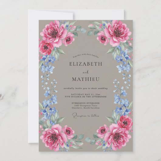 Invitation Mariage Taupe Renoncule Fuchsia Eucalyptus (Devant)