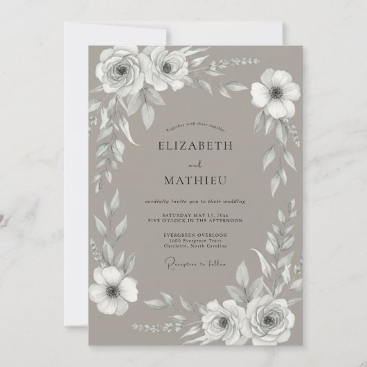 Invitation Mariage Taupe Rose Blanche (Devant)