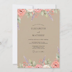 Invitation Mariage Taupe Rose Corail Pivoine