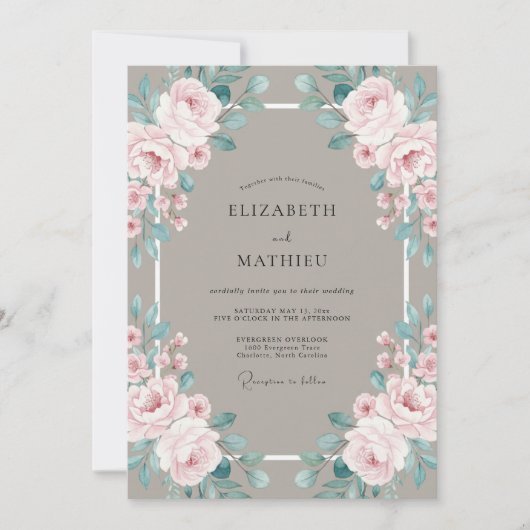 Invitation Mariage Taupe Rose Péony (Devant)