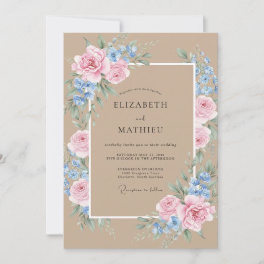 Invitation Mariage Taupe Rose Pétales (Devant)