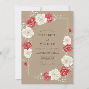 Invitation Mariage Taupe Rouge Ranunculus Eucalyptus