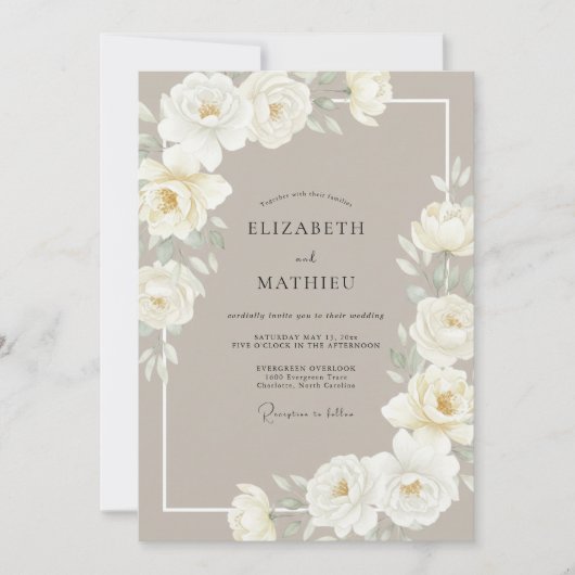 Invitation Mariage Taupe Soft White Peony (Devant)