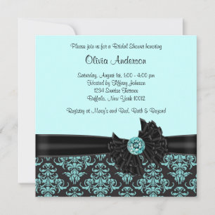 Invitation Mariage Teal Blue Black Damassé Fête de Fiançaille