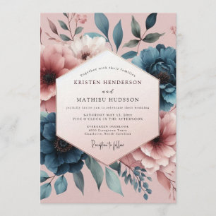 Invitation Mariage Teal Blush Painterly Bloom