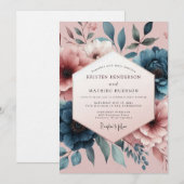 Invitation Mariage Teal Blush Painterly Bloom (Devant / Derrière)