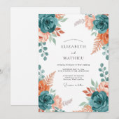Invitation Mariage Teal Dusty Coral Bloom (Devant / Derrière)