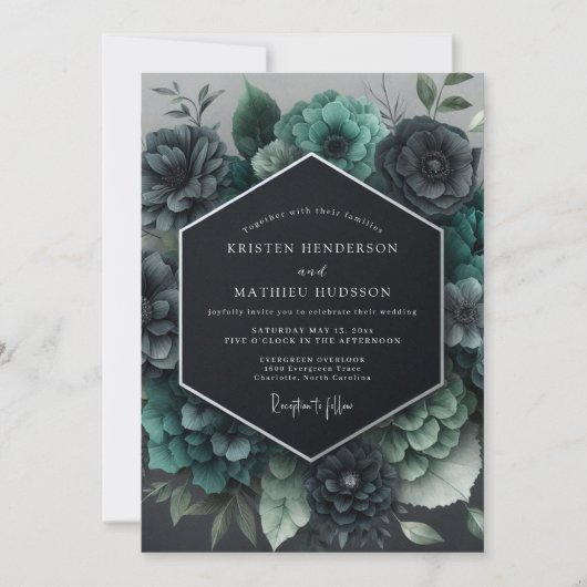 Invitation Mariage Teal Gothique Floraison (Devant)
