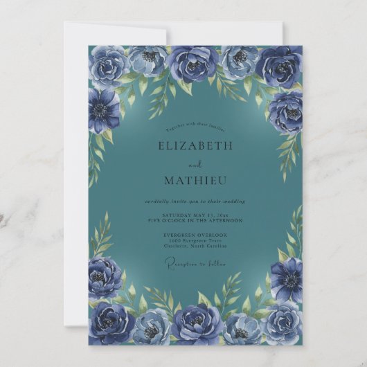 Invitation Mariage Teal Indigo Ranunculus Eucalyptus (Devant)