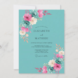 Invitation Mariage Teal Magenta Ranunculus Eucalyptus