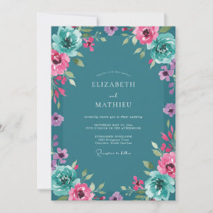 Invitation Mariage Teal Magenta Ranunculus Sauge