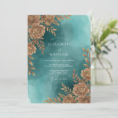 Invitation Mariage Teal Or Feuillage Sage (Debout devant)