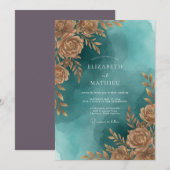 Invitation Mariage Teal Or Feuillage Sage (Devant / Derrière)