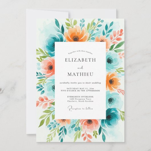 Invitation Mariage Teal Orange Bloom (Devant)