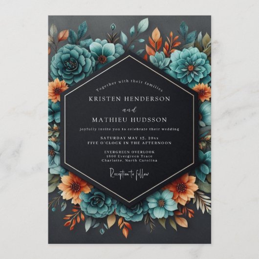 Invitation Mariage Teal Orange Brûlé Maussade (Devant)