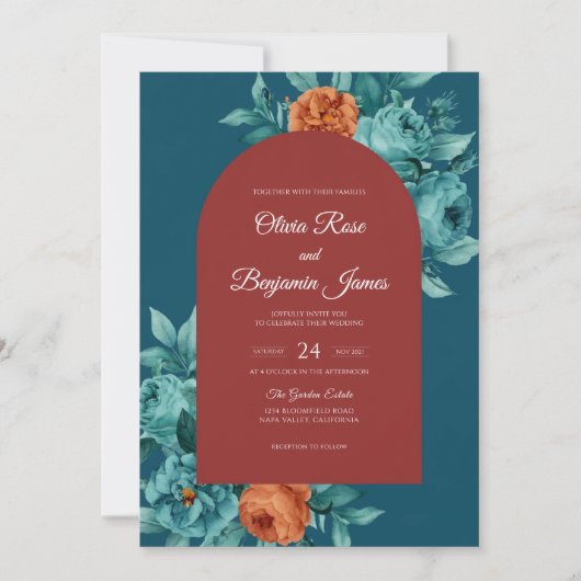 Invitation Mariage Teal Rust Bloom (Devant)