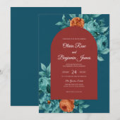 Invitation Mariage Teal Rust Bloom (Devant / Derrière)