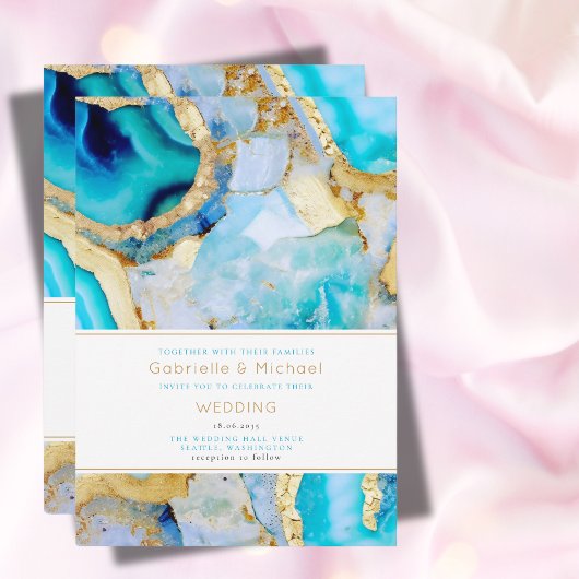 Invitation Mariage Tendance Agate Sarcelle et Or Moderne