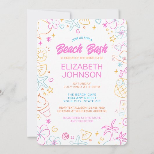 Invitation Mariage Tendance Fantaisiste Doodle Plage Bash (Devant)