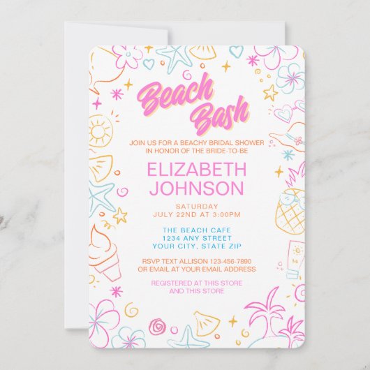 Invitation Mariage Tendance Fantaisiste Doodle Plage Bash (Devant)