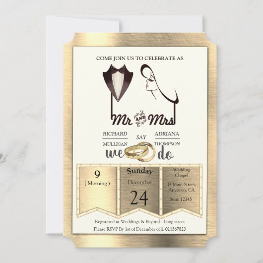Invitation Mariage Tendance Feuille d'Or-Argent-Laiton (Devant)