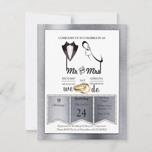 Invitation Mariage Tendance Feuille d'Or-Argent-Laiton (Devant)