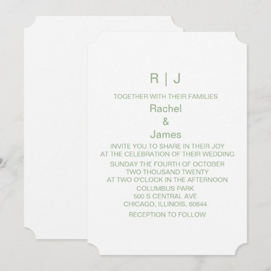 Invitation Mariage Tendance Initiales Monogramme Blanc Vert S (Devant / Derrière)
