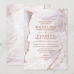 Invitation Mariage Tendance Or Blanc et Rose Agate Marbre Feu