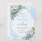 Invitation Mariage tendance Pastel Bleu Blanc Fleurs d'argent (Devant)