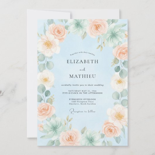 Invitation Mariage Tendre et Douce Succulente Bleu Clair (Devant)