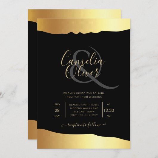 Invitation Mariage Tenue de Soirée Écriture de Feuille d'Or É (Devant / Derrière)