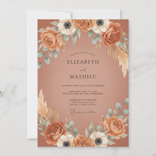 Invitation Mariage Terracotta Pampas Feuillu (Devant)