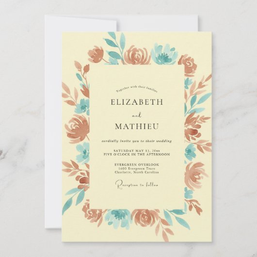 Invitation Mariage Terre Cuite Fleur Cyan (Devant)