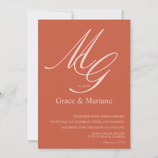 Invitation Mariage Terre Cuite Rose Pâle Monogrammé (Devant)