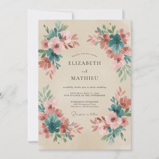 Invitation Mariage Terre Cuite Sarcelle Fleurie (Devant)