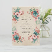 Invitation Mariage Terre Cuite Sarcelle Fleurie (Debout devant)