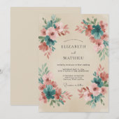 Invitation Mariage Terre Cuite Sarcelle Fleurie (Devant / Derrière)