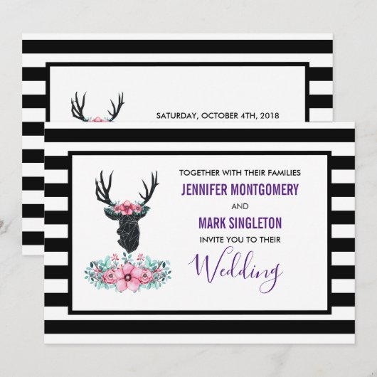 Invitation Mariage Tête de Cerf Noir avec Fleurs Roses (Devant / Derrière)