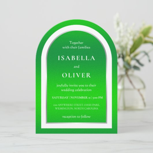 Invitation Mariage texte blanc vert gazon naturel (Debout devant)