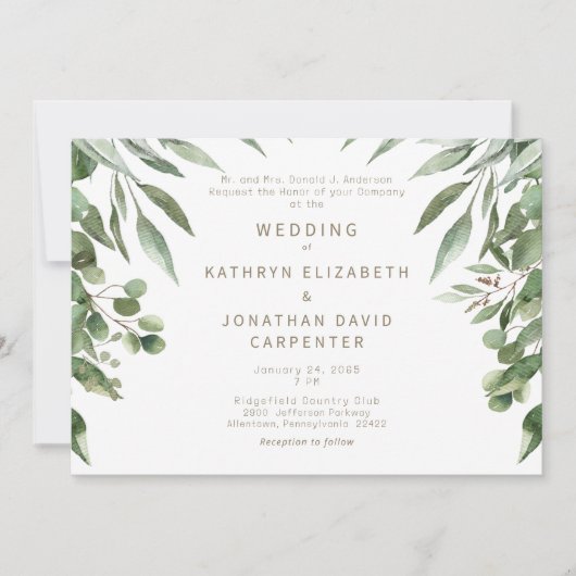 Invitation Mariage texte Eucalyptus Moderne or en goutte (Devant)