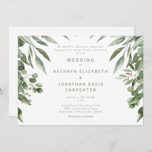 Invitation Mariage texte Eucalyptus Moderne or en goutte (Devant / Derrière)