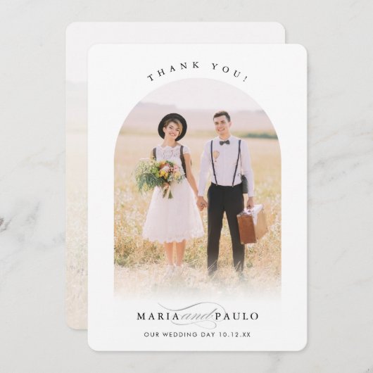 Invitation MARIAGE THANKS couple photo arch cadre calligraphi (Devant / Derrière)