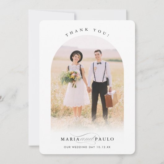 Invitation MARIAGE THANKS couple photo arch cadre calligraphi (Devant)