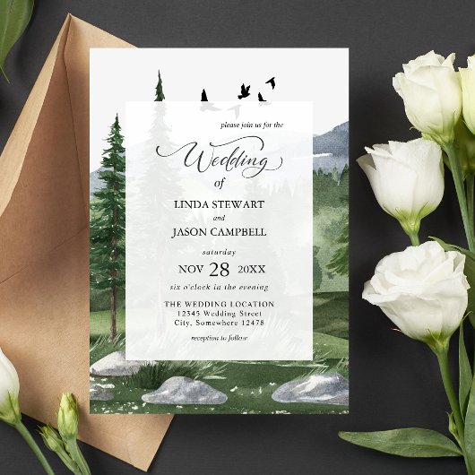 Invitation Mariage Thème Aquarelle Rustique de la Forêt de Pi