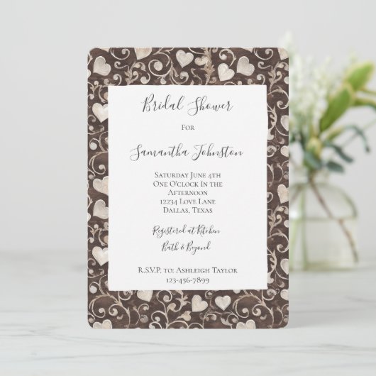Invitation Mariage Thème Coeurs Crème Marron (Debout devant)