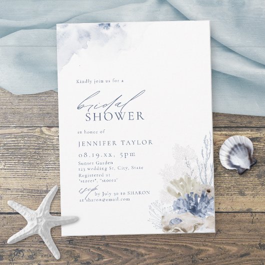 Invitation Mariage thème corail bleu et coquillages de plage