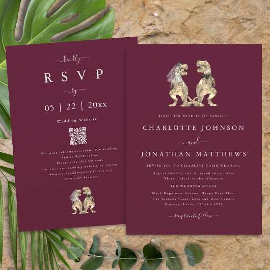 Invitation Mariage Thème Dinosaure Bordeaux Crème Code QR