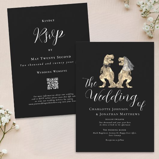 Invitation Mariage Thème Dinosaure Code QR Noir et Blanc