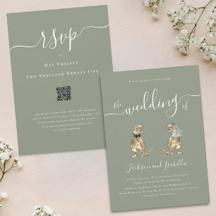 Invitation Mariage Thème Dinosaure Vert Sauge Blanc Code QR