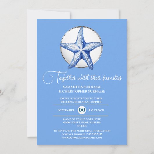 Invitation Mariage thème étoile de mer bleu blanc argent bord (Devant)